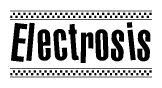 The image is a black and white clipart of the text Electrosis in a bold, italicized font. The text is bordered by a dotted line on the top and bottom, and there are checkered flags positioned at both ends of the text, usually associated with racing or finishing lines.