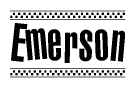 The clipart image displays the text Emerson in a bold, stylized font. It is enclosed in a rectangular border with a checkerboard pattern running below and above the text, similar to a finish line in racing. 