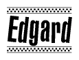 The image is a black and white clipart of the text Edgard in a bold, italicized font. The text is bordered by a dotted line on the top and bottom, and there are checkered flags positioned at both ends of the text, usually associated with racing or finishing lines.