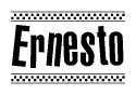 The image contains the text Ernesto in a bold, stylized font, with a checkered flag pattern bordering the top and bottom of the text.