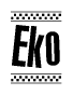 The image contains the text Eko in a bold, stylized font, with a checkered flag pattern bordering the top and bottom of the text.