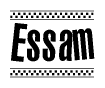 The clipart image displays the text Essam in a bold, stylized font. It is enclosed in a rectangular border with a checkerboard pattern running below and above the text, similar to a finish line in racing. 