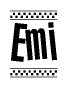 The image contains the text Emi in a bold, stylized font, with a checkered flag pattern bordering the top and bottom of the text.