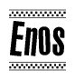The image contains the text Enos in a bold, stylized font, with a checkered flag pattern bordering the top and bottom of the text.