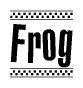 The image is a black and white clipart of the text Frog in a bold, italicized font. The text is bordered by a dotted line on the top and bottom, and there are checkered flags positioned at both ends of the text, usually associated with racing or finishing lines.