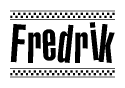 The image contains the text Fredrik in a bold, stylized font, with a checkered flag pattern bordering the top and bottom of the text.