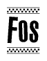 The image is a black and white clipart of the text Fos in a bold, italicized font. The text is bordered by a dotted line on the top and bottom, and there are checkered flags positioned at both ends of the text, usually associated with racing or finishing lines.