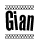 The image is a black and white clipart of the text Gian in a bold, italicized font. The text is bordered by a dotted line on the top and bottom, and there are checkered flags positioned at both ends of the text, usually associated with racing or finishing lines.