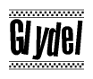 The image is a black and white clipart of the text Glydel in a bold, italicized font. The text is bordered by a dotted line on the top and bottom, and there are checkered flags positioned at both ends of the text, usually associated with racing or finishing lines.