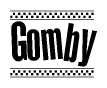 The clipart image displays the text Gomby in a bold, stylized font. It is enclosed in a rectangular border with a checkerboard pattern running below and above the text, similar to a finish line in racing. 