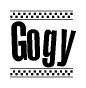 The clipart image displays the text Gogy in a bold, stylized font. It is enclosed in a rectangular border with a checkerboard pattern running below and above the text, similar to a finish line in racing. 