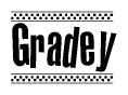 The image contains the text Gradey in a bold, stylized font, with a checkered flag pattern bordering the top and bottom of the text.