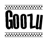 The image is a black and white clipart of the text Goozu in a bold, italicized font. The text is bordered by a dotted line on the top and bottom, and there are checkered flags positioned at both ends of the text, usually associated with racing or finishing lines.