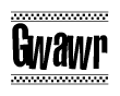 The image is a black and white clipart of the text Gwawr in a bold, italicized font. The text is bordered by a dotted line on the top and bottom, and there are checkered flags positioned at both ends of the text, usually associated with racing or finishing lines.