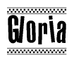 The image contains the text Gloria in a bold, stylized font, with a checkered flag pattern bordering the top and bottom of the text.