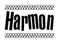 The image is a black and white clipart of the text Harmon in a bold, italicized font. The text is bordered by a dotted line on the top and bottom, and there are checkered flags positioned at both ends of the text, usually associated with racing or finishing lines.