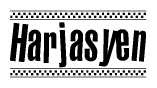 The clipart image displays the text Harjasyen in a bold, stylized font. It is enclosed in a rectangular border with a checkerboard pattern running below and above the text, similar to a finish line in racing. 