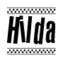 The image contains the text Hilda in a bold, stylized font, with a checkered flag pattern bordering the top and bottom of the text.