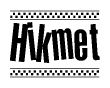 The image is a black and white clipart of the text Hikmet in a bold, italicized font. The text is bordered by a dotted line on the top and bottom, and there are checkered flags positioned at both ends of the text, usually associated with racing or finishing lines.