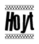 The image contains the text Hoyt in a bold, stylized font, with a checkered flag pattern bordering the top and bottom of the text.