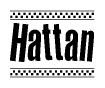 The image is a black and white clipart of the text Hattan in a bold, italicized font. The text is bordered by a dotted line on the top and bottom, and there are checkered flags positioned at both ends of the text, usually associated with racing or finishing lines.
