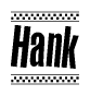 The image contains the text Hank in a bold, stylized font, with a checkered flag pattern bordering the top and bottom of the text.