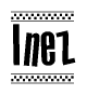 The image contains the text Inez in a bold, stylized font, with a checkered flag pattern bordering the top and bottom of the text.