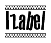 The clipart image displays the text Izabel in a bold, stylized font. It is enclosed in a rectangular border with a checkerboard pattern running below and above the text, similar to a finish line in racing. 