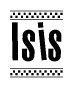 The clipart image displays the text Isis in a bold, stylized font. It is enclosed in a rectangular border with a checkerboard pattern running below and above the text, similar to a finish line in racing. 