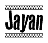 The image contains the text Jayan in a bold, stylized font, with a checkered flag pattern bordering the top and bottom of the text.