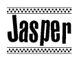 The clipart image displays the text Jasper in a bold, stylized font. It is enclosed in a rectangular border with a checkerboard pattern running below and above the text, similar to a finish line in racing. 