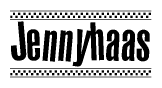 The clipart image displays the text Jennyhaas in a bold, stylized font. It is enclosed in a rectangular border with a checkerboard pattern running below and above the text, similar to a finish line in racing. 