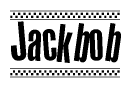 The image is a black and white clipart of the text Jackbob in a bold, italicized font. The text is bordered by a dotted line on the top and bottom, and there are checkered flags positioned at both ends of the text, usually associated with racing or finishing lines.