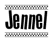 The image is a black and white clipart of the text Jennel in a bold, italicized font. The text is bordered by a dotted line on the top and bottom, and there are checkered flags positioned at both ends of the text, usually associated with racing or finishing lines.