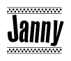 The image is a black and white clipart of the text Janny in a bold, italicized font. The text is bordered by a dotted line on the top and bottom, and there are checkered flags positioned at both ends of the text, usually associated with racing or finishing lines.