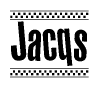The clipart image displays the text Jacqs in a bold, stylized font. It is enclosed in a rectangular border with a checkerboard pattern running below and above the text, similar to a finish line in racing. 