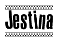 The image is a black and white clipart of the text Jestina in a bold, italicized font. The text is bordered by a dotted line on the top and bottom, and there are checkered flags positioned at both ends of the text, usually associated with racing or finishing lines.