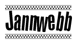 The image is a black and white clipart of the text Jannwebb in a bold, italicized font. The text is bordered by a dotted line on the top and bottom, and there are checkered flags positioned at both ends of the text, usually associated with racing or finishing lines.