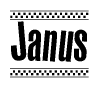 The clipart image displays the text Janus in a bold, stylized font. It is enclosed in a rectangular border with a checkerboard pattern running below and above the text, similar to a finish line in racing. 
