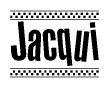 The clipart image displays the text Jacqui in a bold, stylized font. It is enclosed in a rectangular border with a checkerboard pattern running below and above the text, similar to a finish line in racing. 