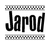 The image contains the text Jarod in a bold, stylized font, with a checkered flag pattern bordering the top and bottom of the text.