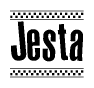 The clipart image displays the text Jesta in a bold, stylized font. It is enclosed in a rectangular border with a checkerboard pattern running below and above the text, similar to a finish line in racing. 