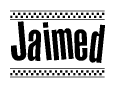 The image is a black and white clipart of the text Jaimed in a bold, italicized font. The text is bordered by a dotted line on the top and bottom, and there are checkered flags positioned at both ends of the text, usually associated with racing or finishing lines.