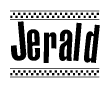 The image contains the text Jerald in a bold, stylized font, with a checkered flag pattern bordering the top and bottom of the text.