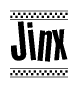 The image is a black and white clipart of the text Jinx in a bold, italicized font. The text is bordered by a dotted line on the top and bottom, and there are checkered flags positioned at both ends of the text, usually associated with racing or finishing lines.