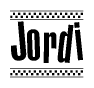 The image is a black and white clipart of the text Jordi in a bold, italicized font. The text is bordered by a dotted line on the top and bottom, and there are checkered flags positioned at both ends of the text, usually associated with racing or finishing lines.