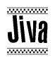 The image contains the text Jiva in a bold, stylized font, with a checkered flag pattern bordering the top and bottom of the text.