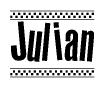 The image is a black and white clipart of the text Julian in a bold, italicized font. The text is bordered by a dotted line on the top and bottom, and there are checkered flags positioned at both ends of the text, usually associated with racing or finishing lines.
