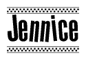 The clipart image displays the text Jennice in a bold, stylized font. It is enclosed in a rectangular border with a checkerboard pattern running below and above the text, similar to a finish line in racing. 