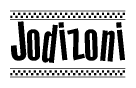 The image is a black and white clipart of the text Jodizoni in a bold, italicized font. The text is bordered by a dotted line on the top and bottom, and there are checkered flags positioned at both ends of the text, usually associated with racing or finishing lines.